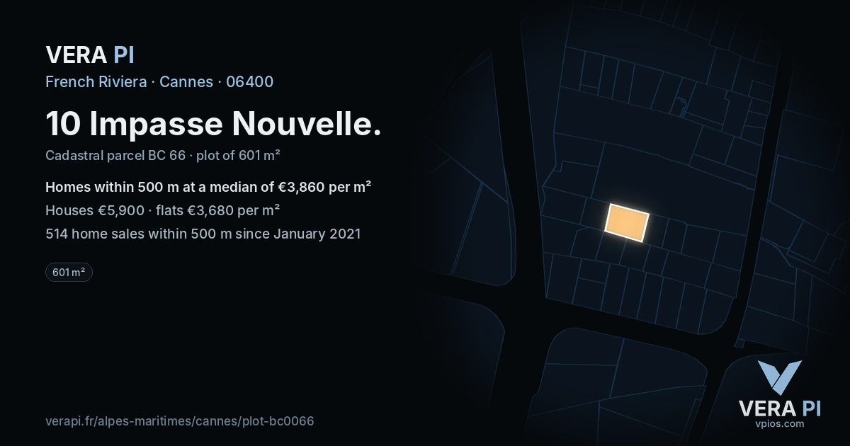 10 Impasse Nouvelle, Cannes at night – the plot lit, the parcels around coloured by the prices near them