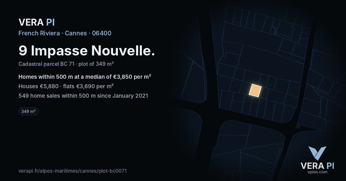 9 Impasse Nouvelle, Cannes at night – the plot lit, the parcels around coloured by the prices near them
