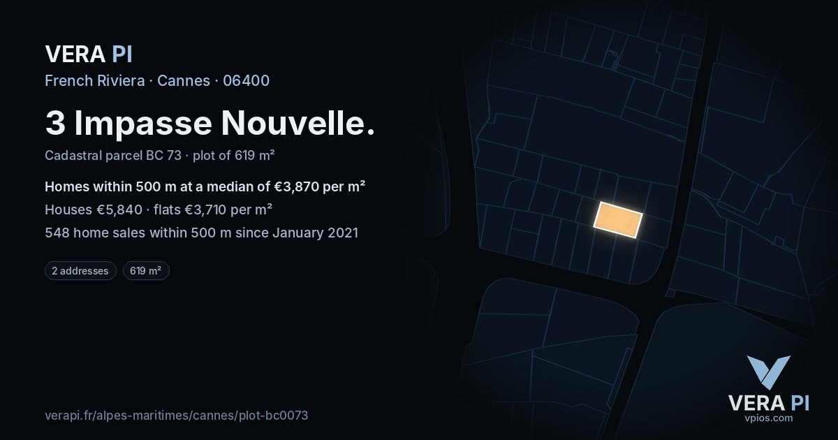 3 Impasse Nouvelle, Cannes at night – the plot lit, the parcels around coloured by the prices near them