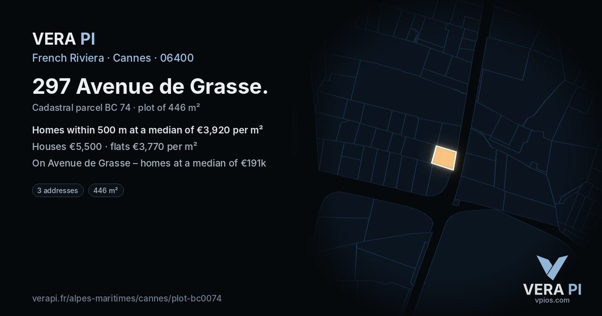 297 Avenue de Grasse, Cannes at night – the plot lit, the parcels around coloured by the prices near them