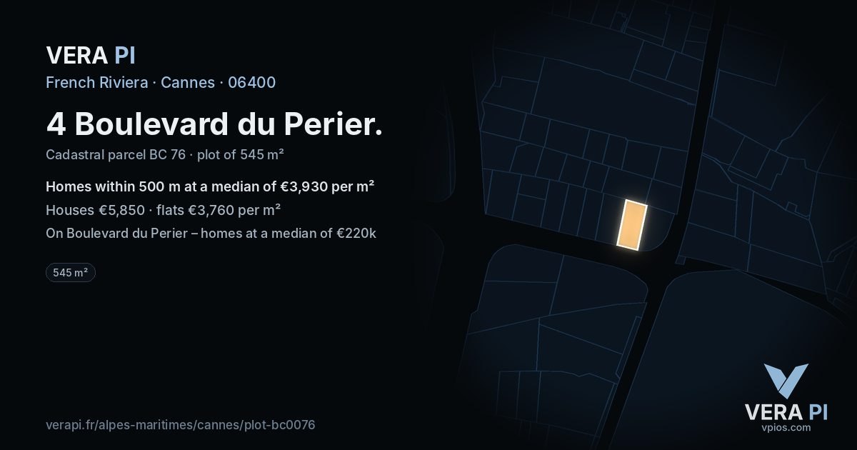 4 Boulevard du Perier, Cannes at night – the plot lit, the parcels around coloured by the prices near them