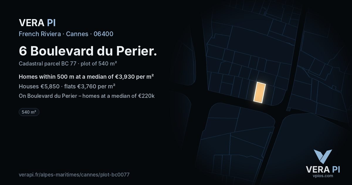 6 Boulevard du Perier, Cannes at night – the plot lit, the parcels around coloured by the prices near them