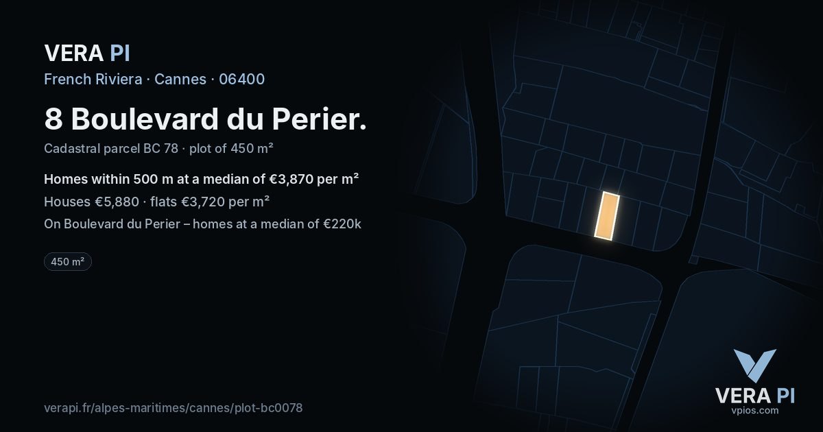 8 Boulevard du Perier, Cannes at night – the plot lit, the parcels around coloured by the prices near them