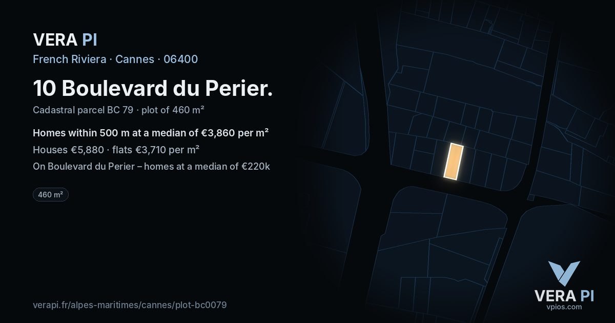 10 Boulevard du Perier, Cannes at night – the plot lit, the parcels around coloured by the prices near them