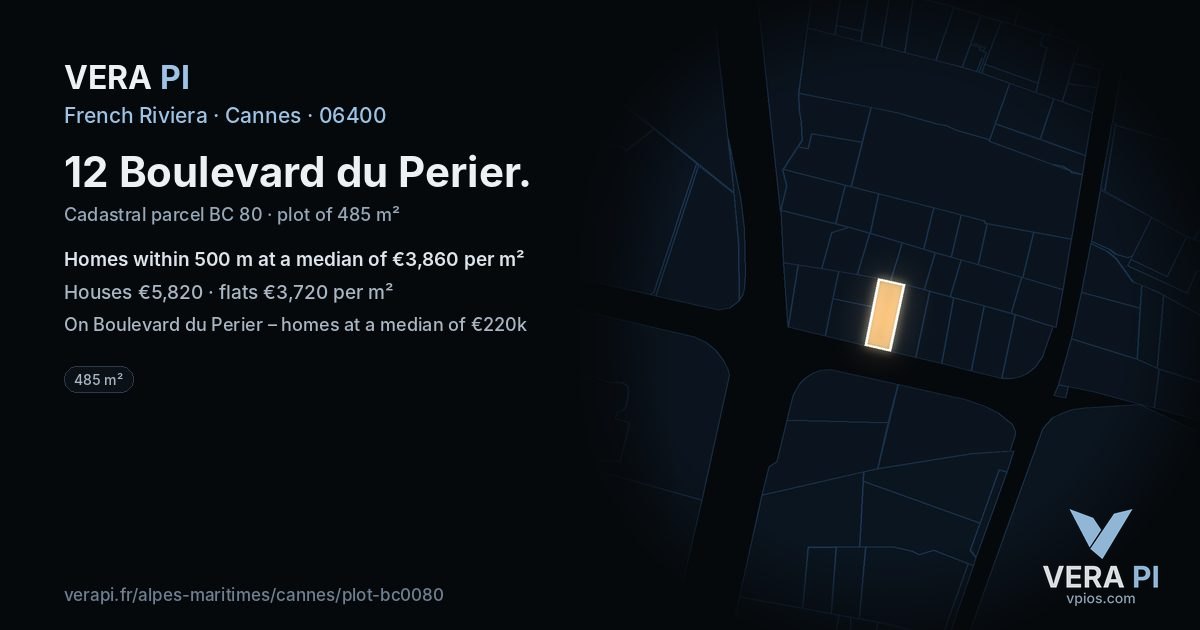 12 Boulevard du Perier, Cannes at night – the plot lit, the parcels around coloured by the prices near them