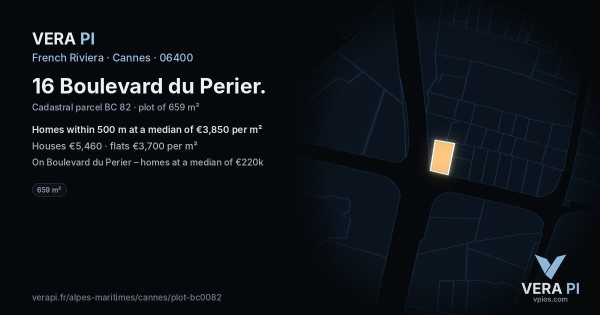 16 Boulevard du Perier, Cannes at night – the plot lit, the parcels around coloured by the prices near them