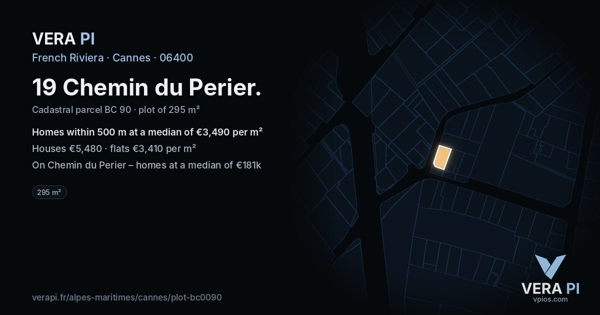 19 Chemin du Perier, Cannes at night – the plot lit, the parcels around coloured by the prices near them