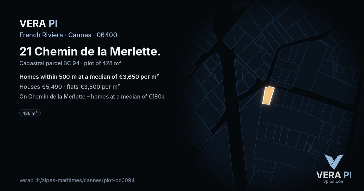 21 Chemin de la Merlette, Cannes at night – the plot lit, the parcels around coloured by the prices near them