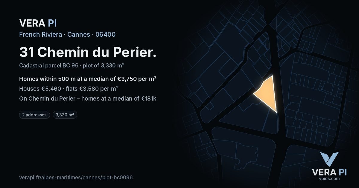 31 Chemin du Perier, Cannes at night – the plot lit, the parcels around coloured by the prices near them
