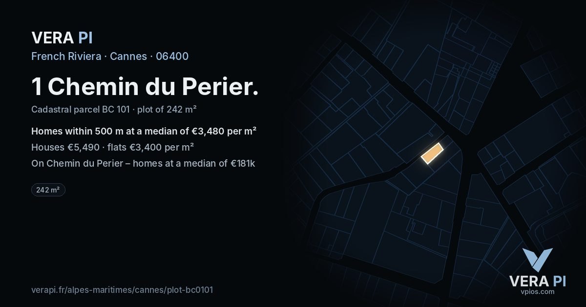 1 Chemin du Perier, Cannes at night – the plot lit, the parcels around coloured by the prices near them