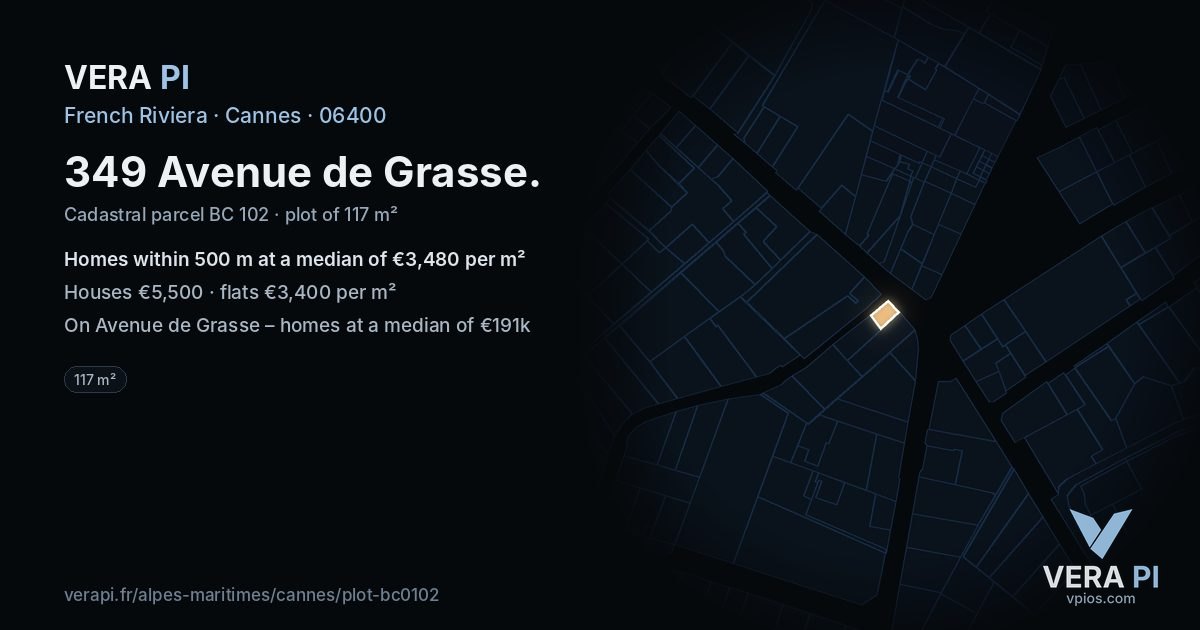 349 Avenue de Grasse, Cannes at night – the plot lit, the parcels around coloured by the prices near them