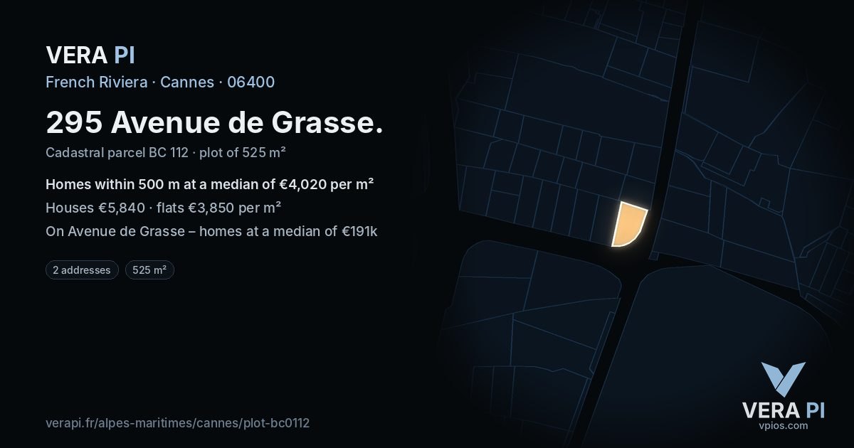 295 Avenue de Grasse, Cannes at night – the plot lit, the parcels around coloured by the prices near them