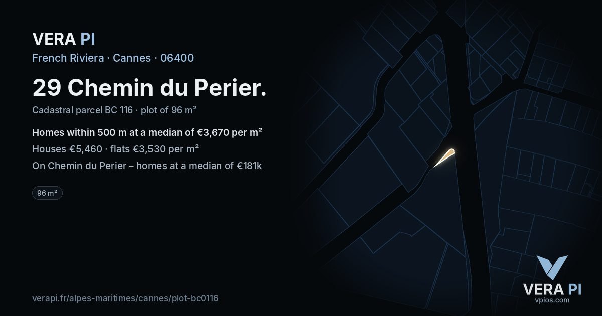 29 Chemin du Perier, Cannes at night – the plot lit, the parcels around coloured by the prices near them
