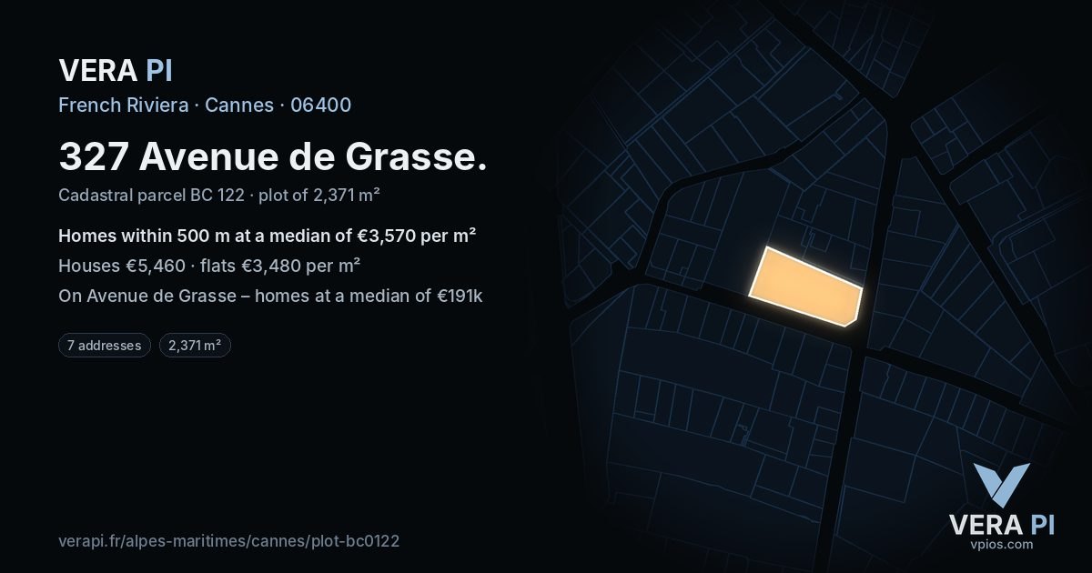 327 Avenue de Grasse, Cannes at night – the plot lit, the parcels around coloured by the prices near them
