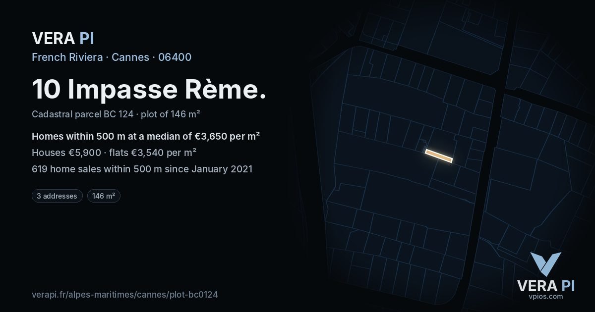 10 Impasse Rème, Cannes at night – the plot lit, the parcels around coloured by the prices near them