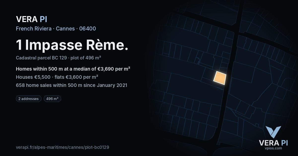 1 Impasse Rème, Cannes at night – the plot lit, the parcels around coloured by the prices near them