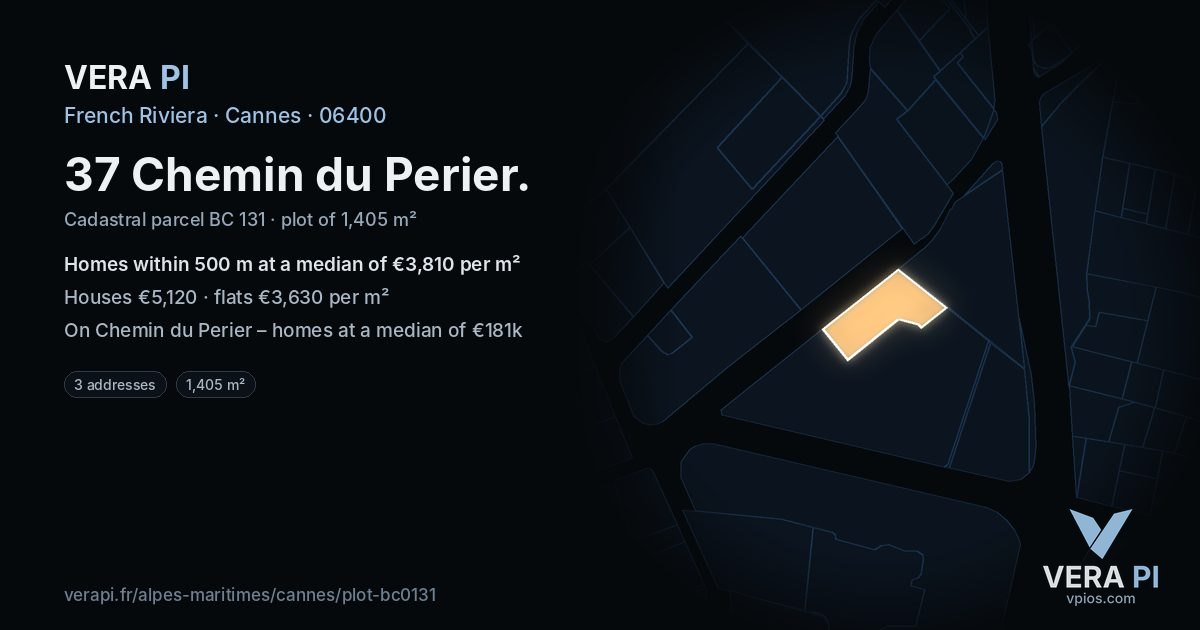 37 Chemin du Perier, Cannes at night – the plot lit, the parcels around coloured by the prices near them