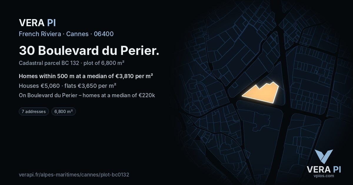 30 Boulevard du Perier, Cannes at night – the plot lit, the parcels around coloured by the prices near them