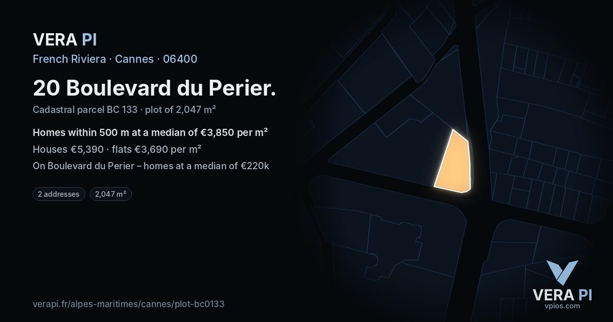 20 Boulevard du Perier, Cannes at night – the plot lit, the parcels around coloured by the prices near them