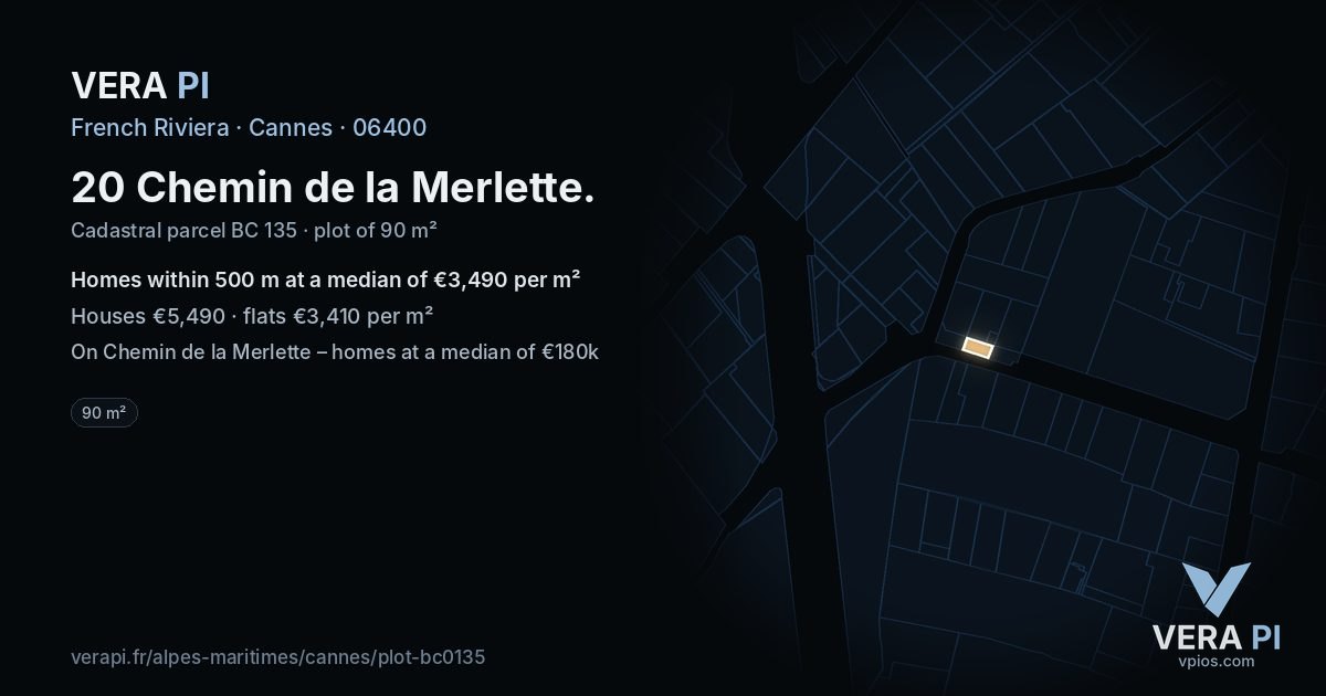 20 Chemin de la Merlette, Cannes at night – the plot lit, the parcels around coloured by the prices near them