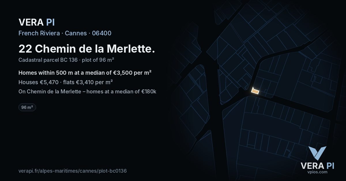 22 Chemin de la Merlette, Cannes at night – the plot lit, the parcels around coloured by the prices near them