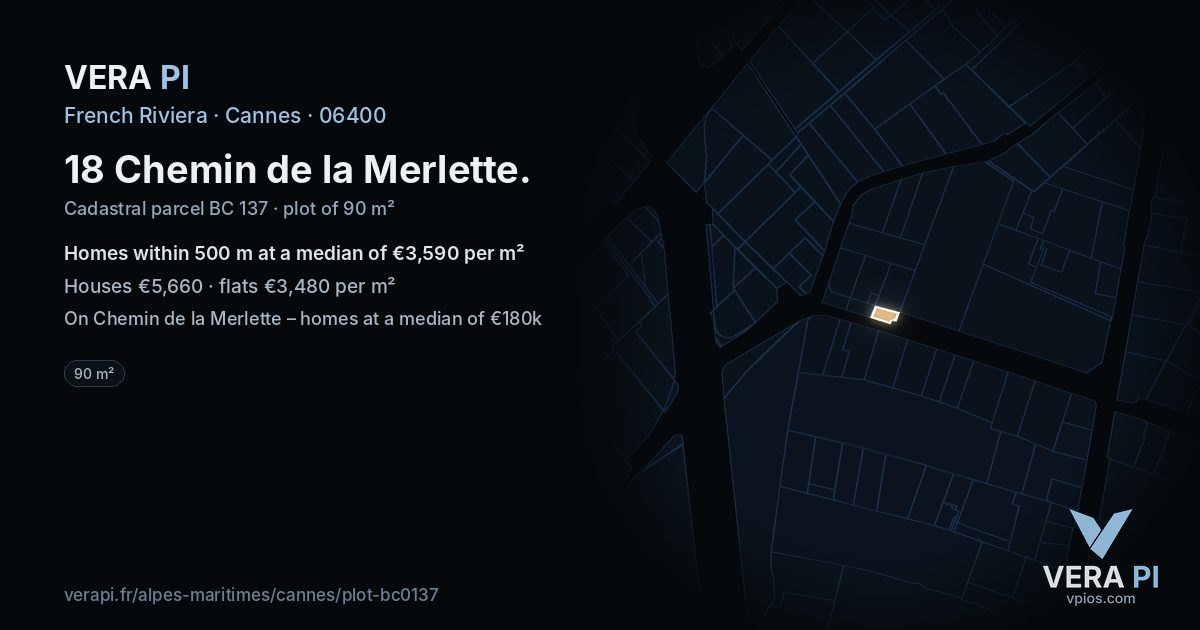 18 Chemin de la Merlette, Cannes at night – the plot lit, the parcels around coloured by the prices near them