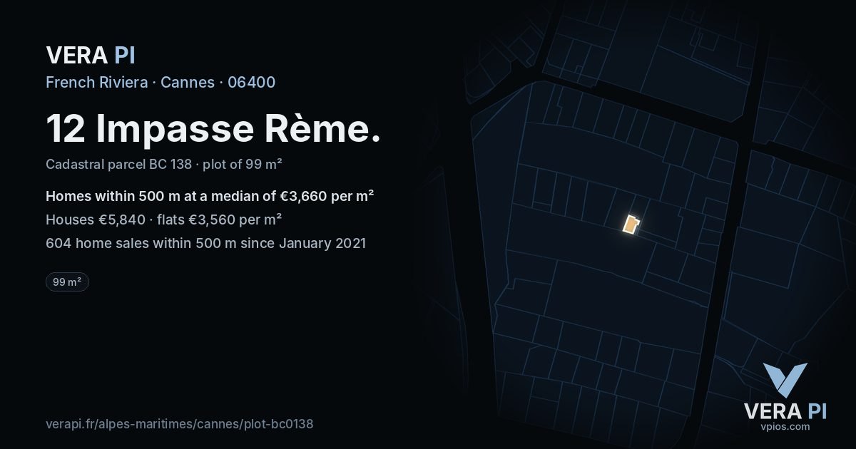 12 Impasse Rème, Cannes at night – the plot lit, the parcels around coloured by the prices near them