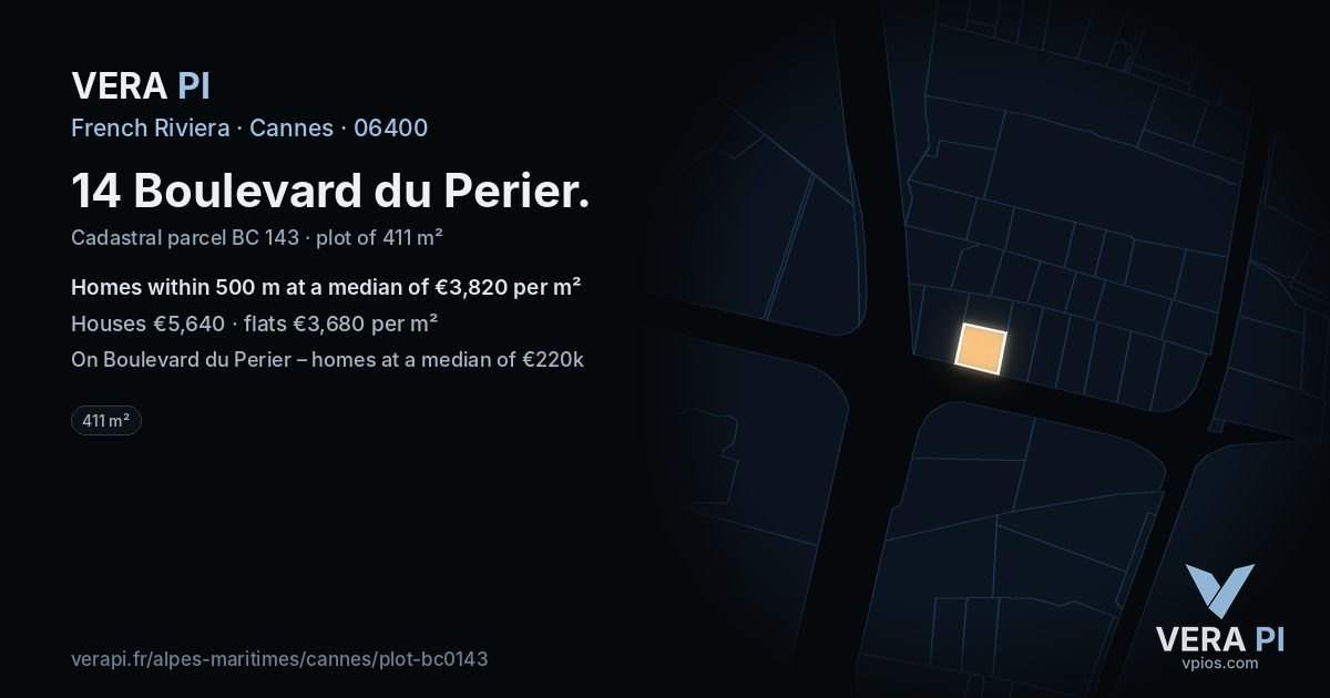 14 Boulevard du Perier, Cannes at night – the plot lit, the parcels around coloured by the prices near them