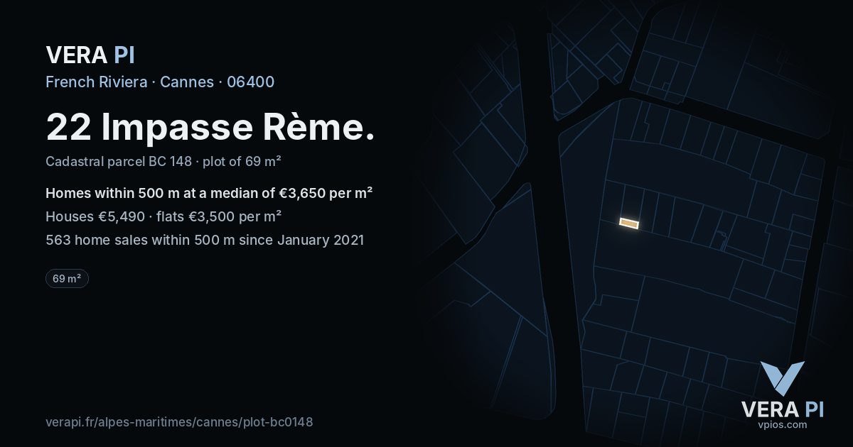 22 Impasse Rème, Cannes at night – the plot lit, the parcels around coloured by the prices near them