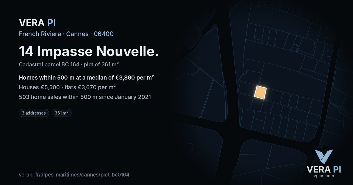 14 Impasse Nouvelle, Cannes at night – the plot lit, the parcels around coloured by the prices near them