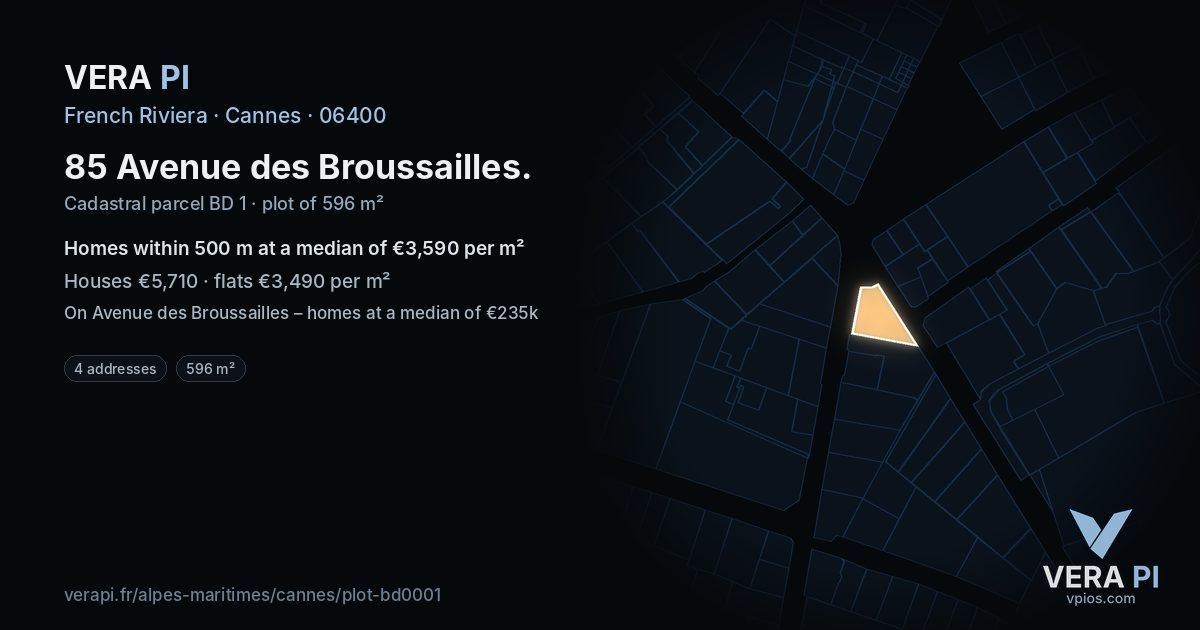 85 Avenue des Broussailles, Cannes at night – the plot lit, the parcels around coloured by the prices near them