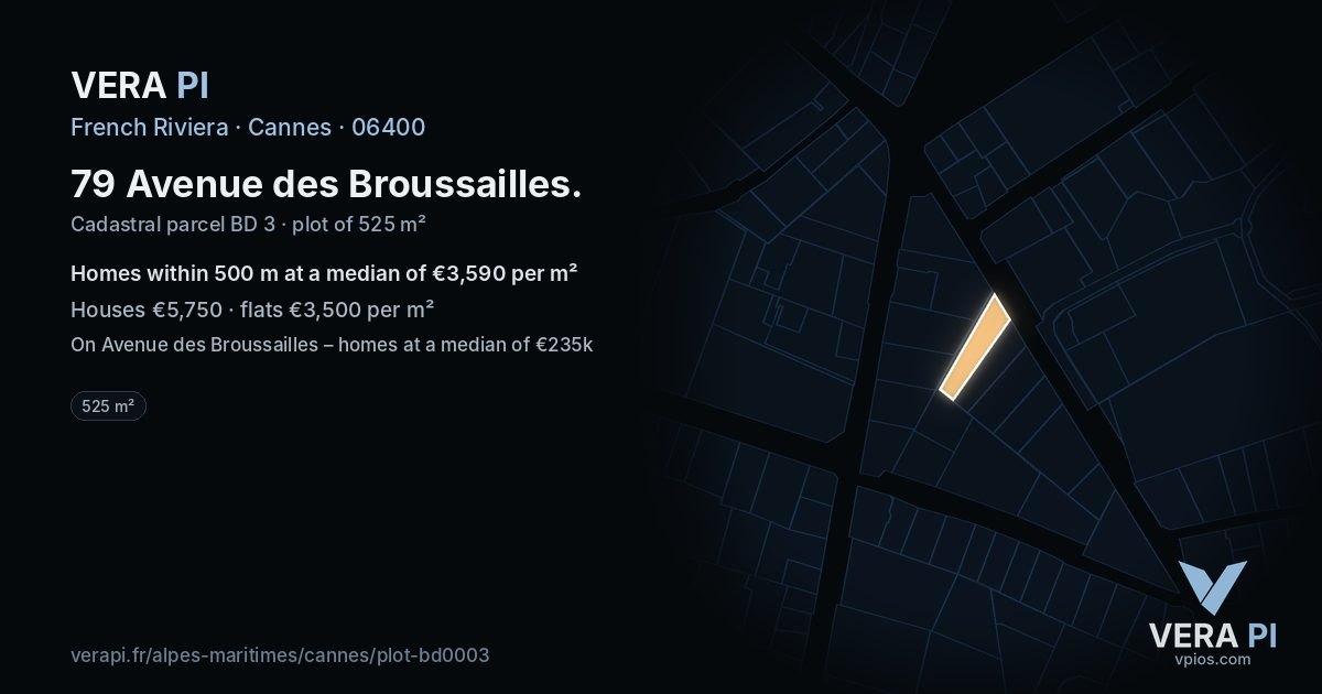 79 Avenue des Broussailles, Cannes at night – the plot lit, the parcels around coloured by the prices near them