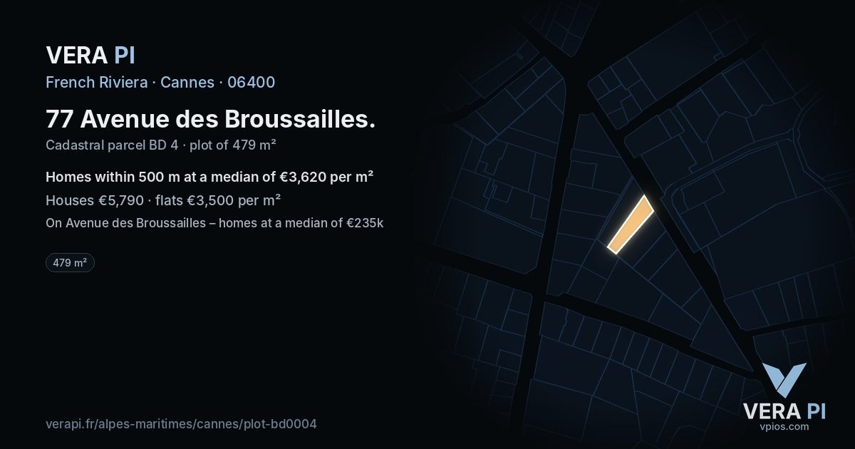 77 Avenue des Broussailles, Cannes at night – the plot lit, the parcels around coloured by the prices near them