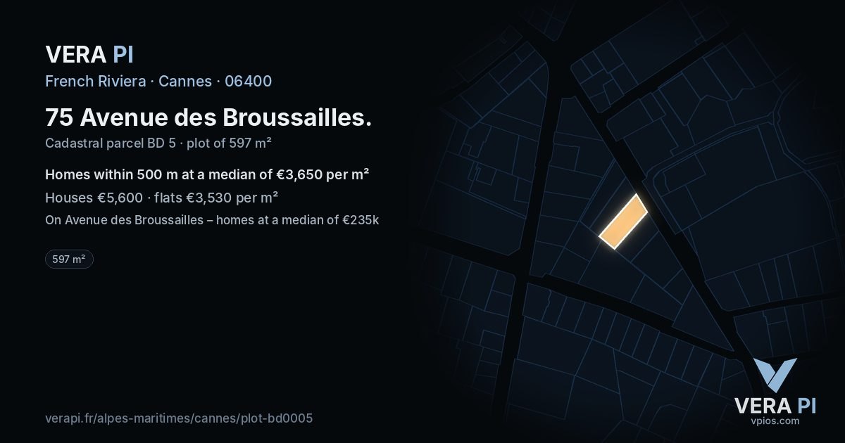 75 Avenue des Broussailles, Cannes at night – the plot lit, the parcels around coloured by the prices near them