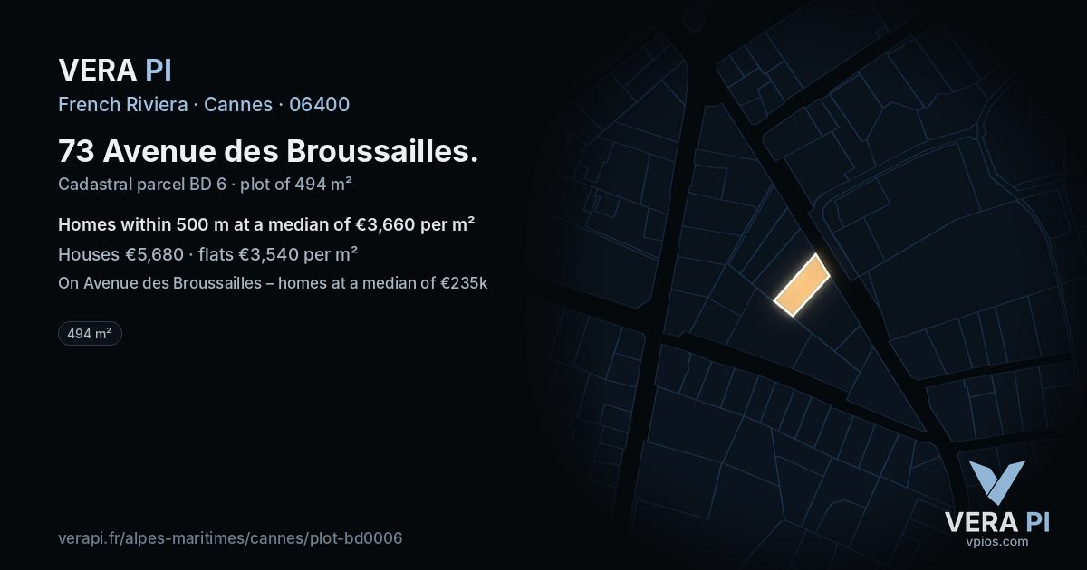 73 Avenue des Broussailles, Cannes at night – the plot lit, the parcels around coloured by the prices near them
