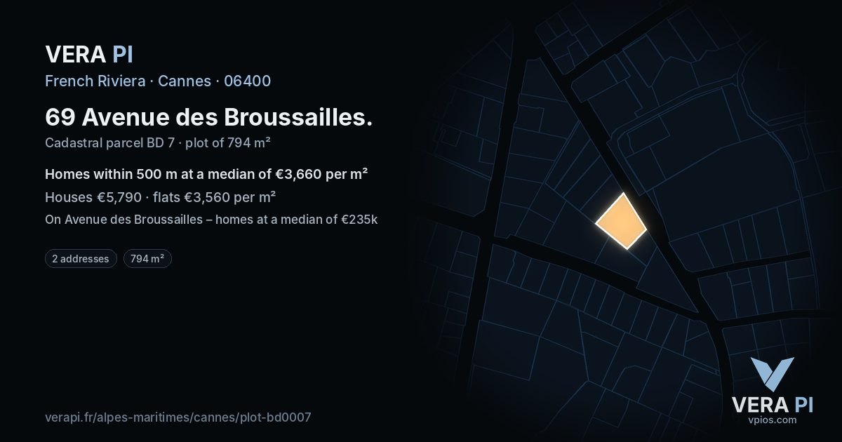 69 Avenue des Broussailles, Cannes at night – the plot lit, the parcels around coloured by the prices near them