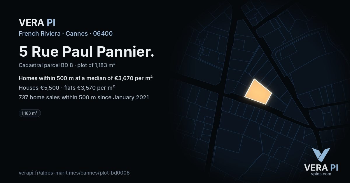 5 Rue Paul Pannier, Cannes at night – the plot lit, the parcels around coloured by the prices near them