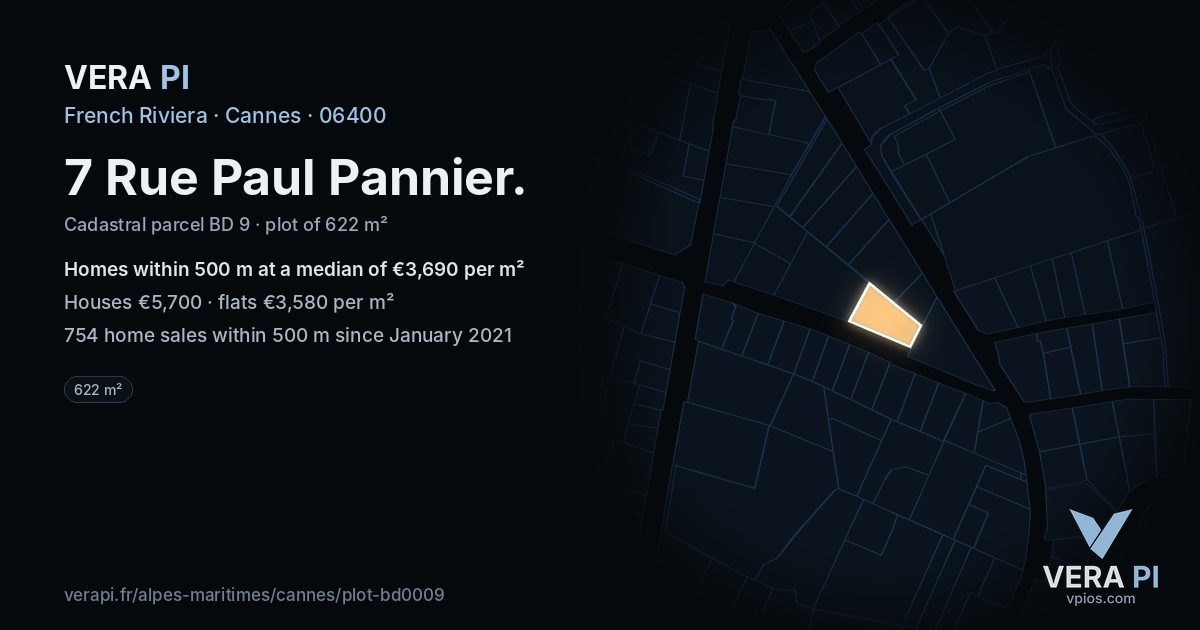 7 Rue Paul Pannier, Cannes at night – the plot lit, the parcels around coloured by the prices near them