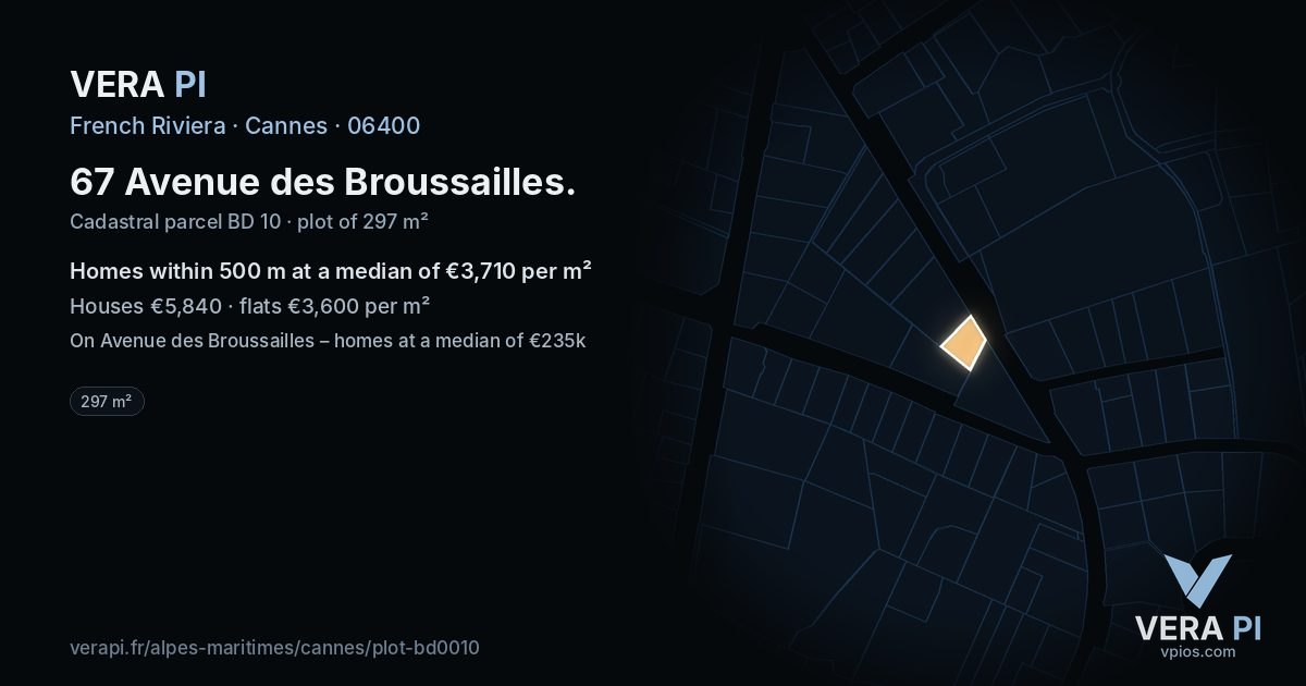 67 Avenue des Broussailles, Cannes at night – the plot lit, the parcels around coloured by the prices near them