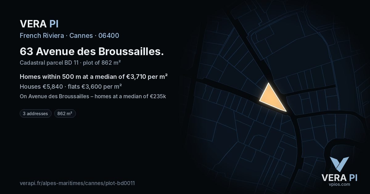 63 Avenue des Broussailles, Cannes at night – the plot lit, the parcels around coloured by the prices near them