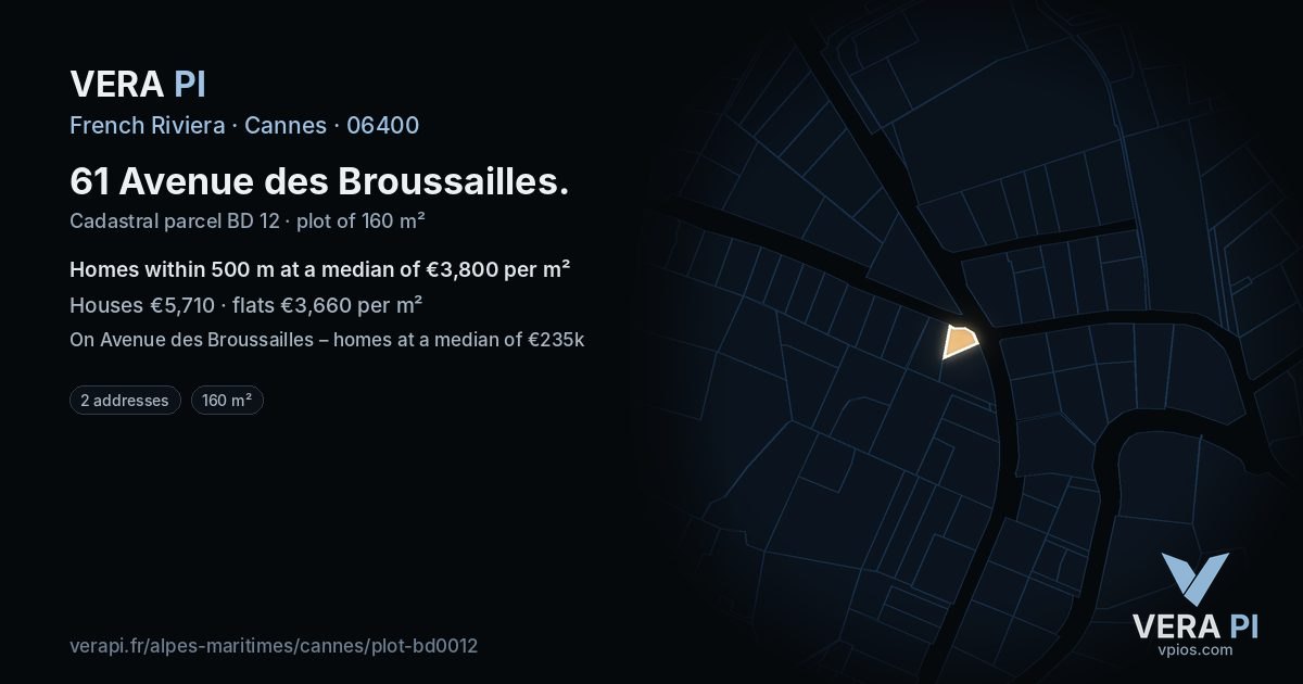 61 Avenue des Broussailles, Cannes at night – the plot lit, the parcels around coloured by the prices near them