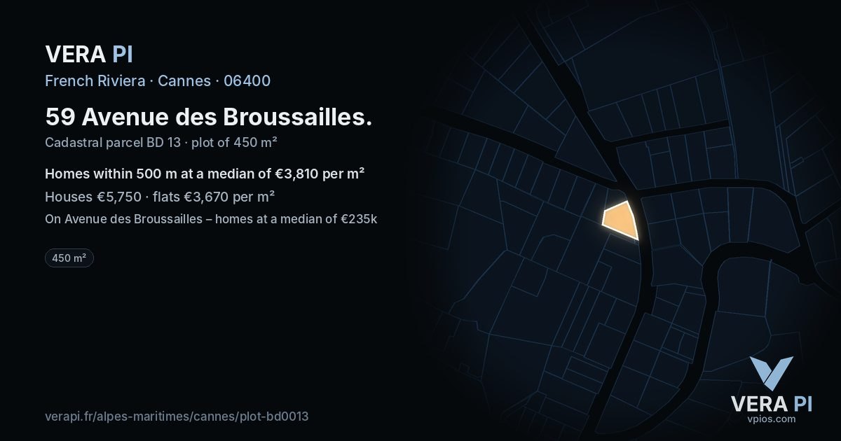 59 Avenue des Broussailles, Cannes at night – the plot lit, the parcels around coloured by the prices near them