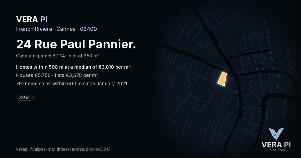 24 Rue Paul Pannier, Cannes at night – the plot lit, the parcels around coloured by the prices near them