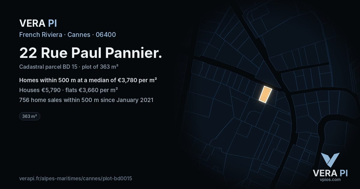 22 Rue Paul Pannier, Cannes at night – the plot lit, the parcels around coloured by the prices near them