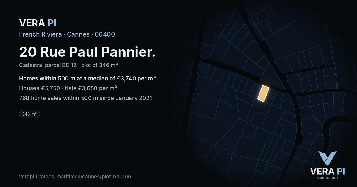 20 Rue Paul Pannier, Cannes at night – the plot lit, the parcels around coloured by the prices near them