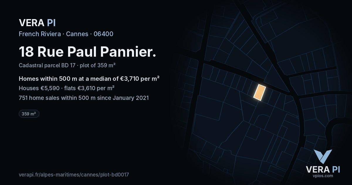 18 Rue Paul Pannier, Cannes at night – the plot lit, the parcels around coloured by the prices near them