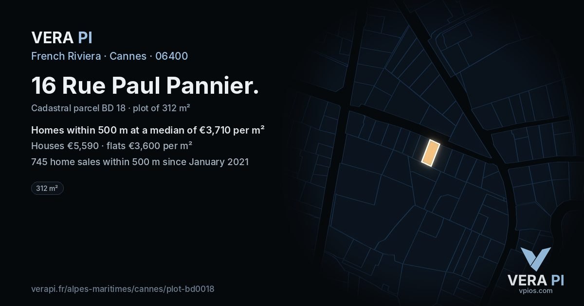 16 Rue Paul Pannier, Cannes at night – the plot lit, the parcels around coloured by the prices near them