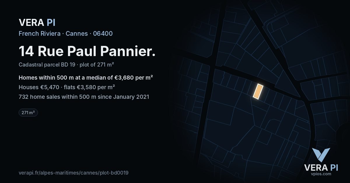 14 Rue Paul Pannier, Cannes at night – the plot lit, the parcels around coloured by the prices near them
