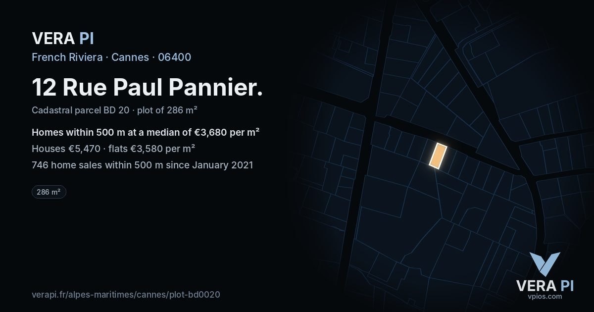 12 Rue Paul Pannier, Cannes at night – the plot lit, the parcels around coloured by the prices near them
