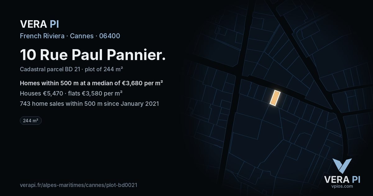 10 Rue Paul Pannier, Cannes at night – the plot lit, the parcels around coloured by the prices near them